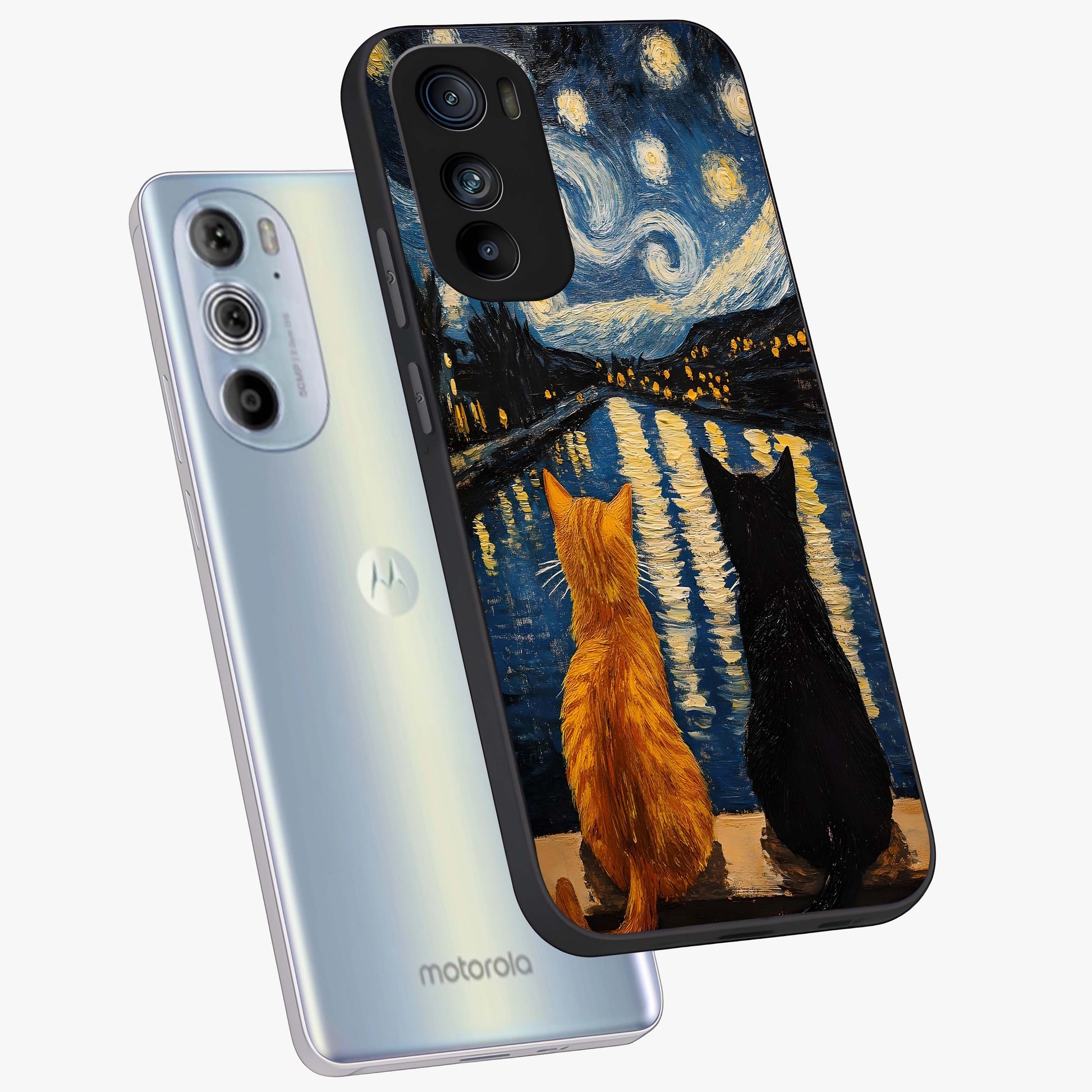 Starry River Cats Glass Case displayed in angled mockup highlighting charming feline illustration with dreamy night aesthetic.