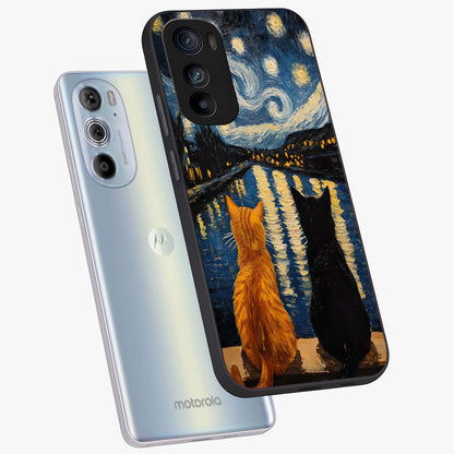 Starry River Cats Glass Case displayed in angled mockup highlighting charming feline illustration with dreamy night aesthetic.