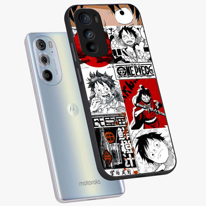Strawhat Chaos Panels Glass Case displayed in angled mockup highlighting vibrant anime collage design with action aesthetic.
