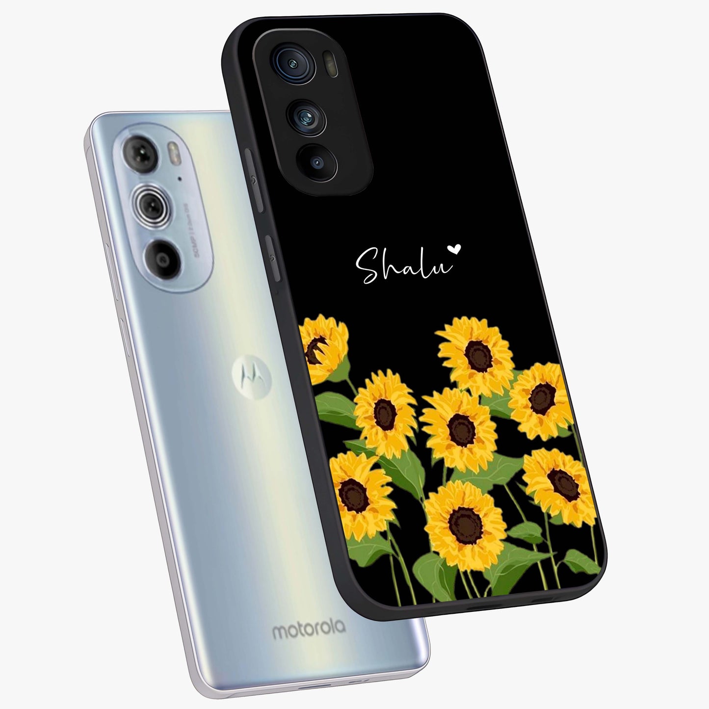 Sunflower Chic Mood Custom Name Glass Case displayed in angled mockup highlighting vibrant sunflower design with custom name feature.