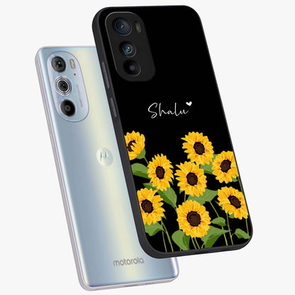 Sunflower Chic Mood Custom Name Glass Case displayed in angled mockup highlighting vibrant sunflower design with custom name feature.