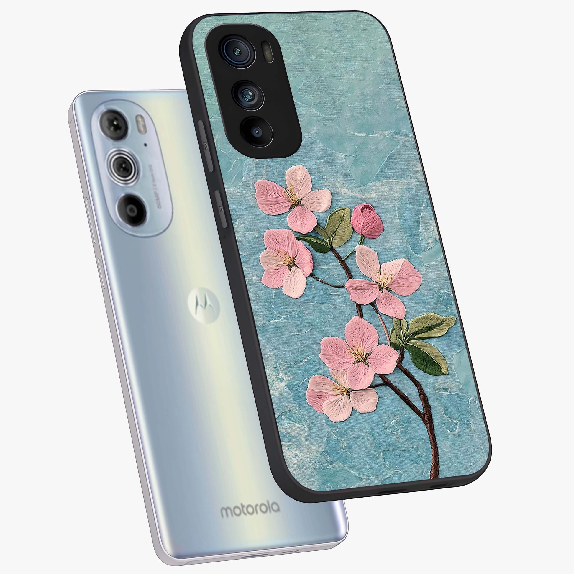 Threaded Blossom Breeze Glass Case displayed in angled mockup highlighting elegant floral design with soft aesthetic style.