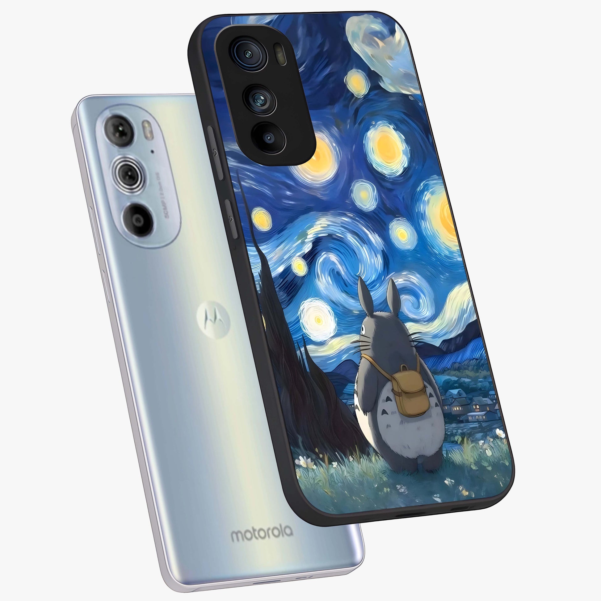 Totoro In Van Gogh Art Glass Case displayed in angled mockup highlighting artistic swirling sky design with playful animation aesthetic.