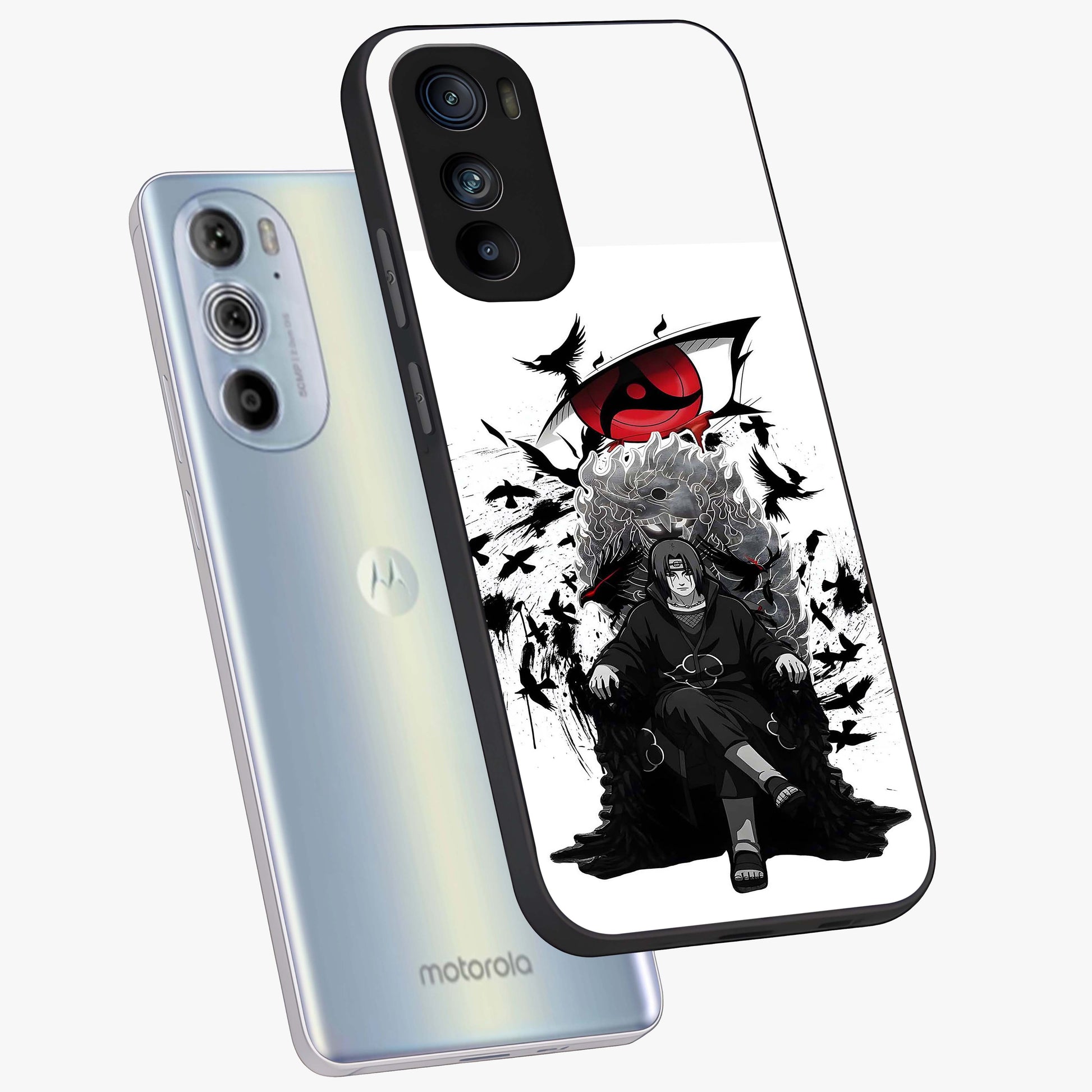 Uchiha Shadow Throne Glass Case displayed in angled mockup highlighting glowing aquatic design with celestial aesthetic.