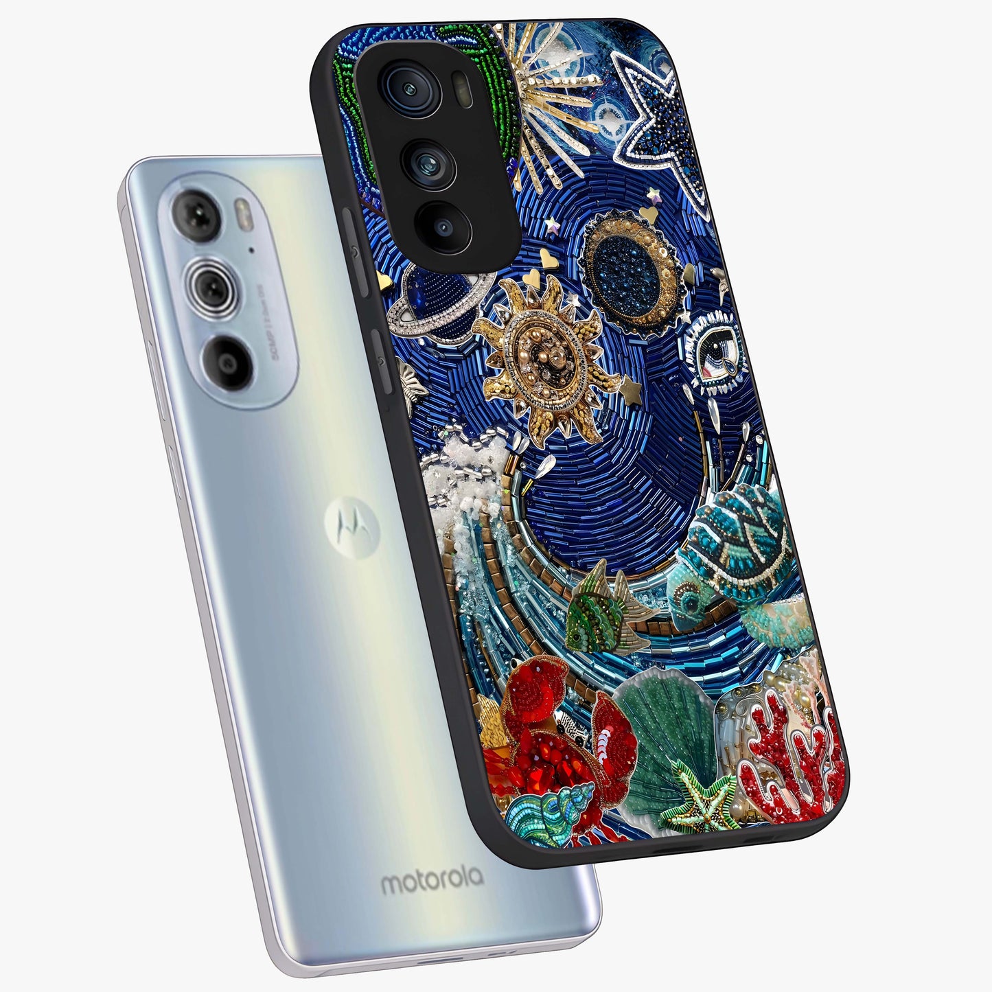 Universe Underwater Spark Glass Case displayed in angled mockup highlighting glowing aquatic design with celestial aesthetic.