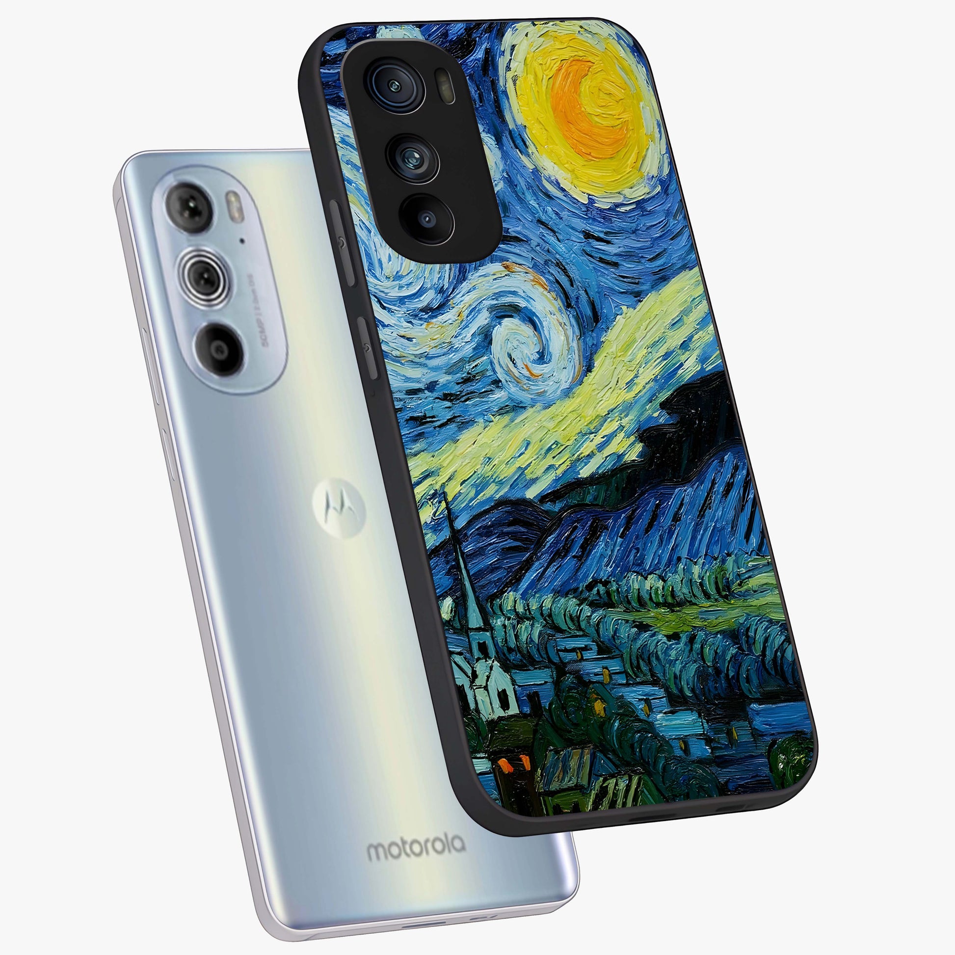 Van Gogh Art Glass Case displayed in angled mockup highlighting swirling brushstroke design with artistic aesthetic.