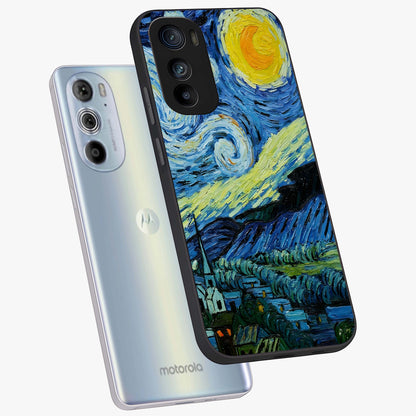 Van Gogh Art Glass Case displayed in angled mockup highlighting swirling brushstroke design with artistic aesthetic.