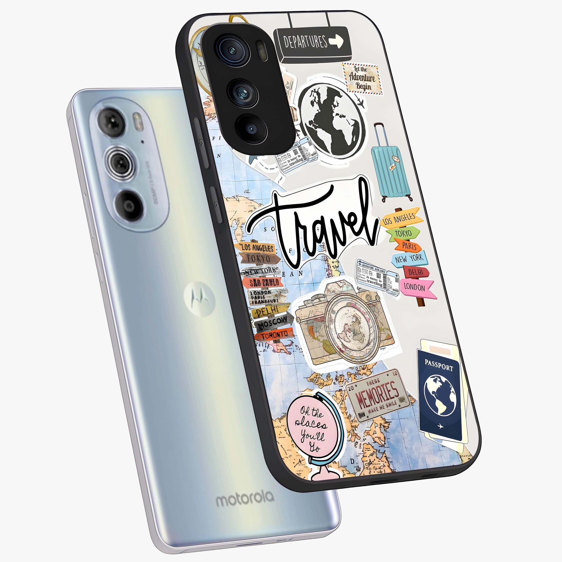 Wanderlust Journal Glass Case displayed in angled mockup highlighting adventure themed design with aesthetic travel vibe.