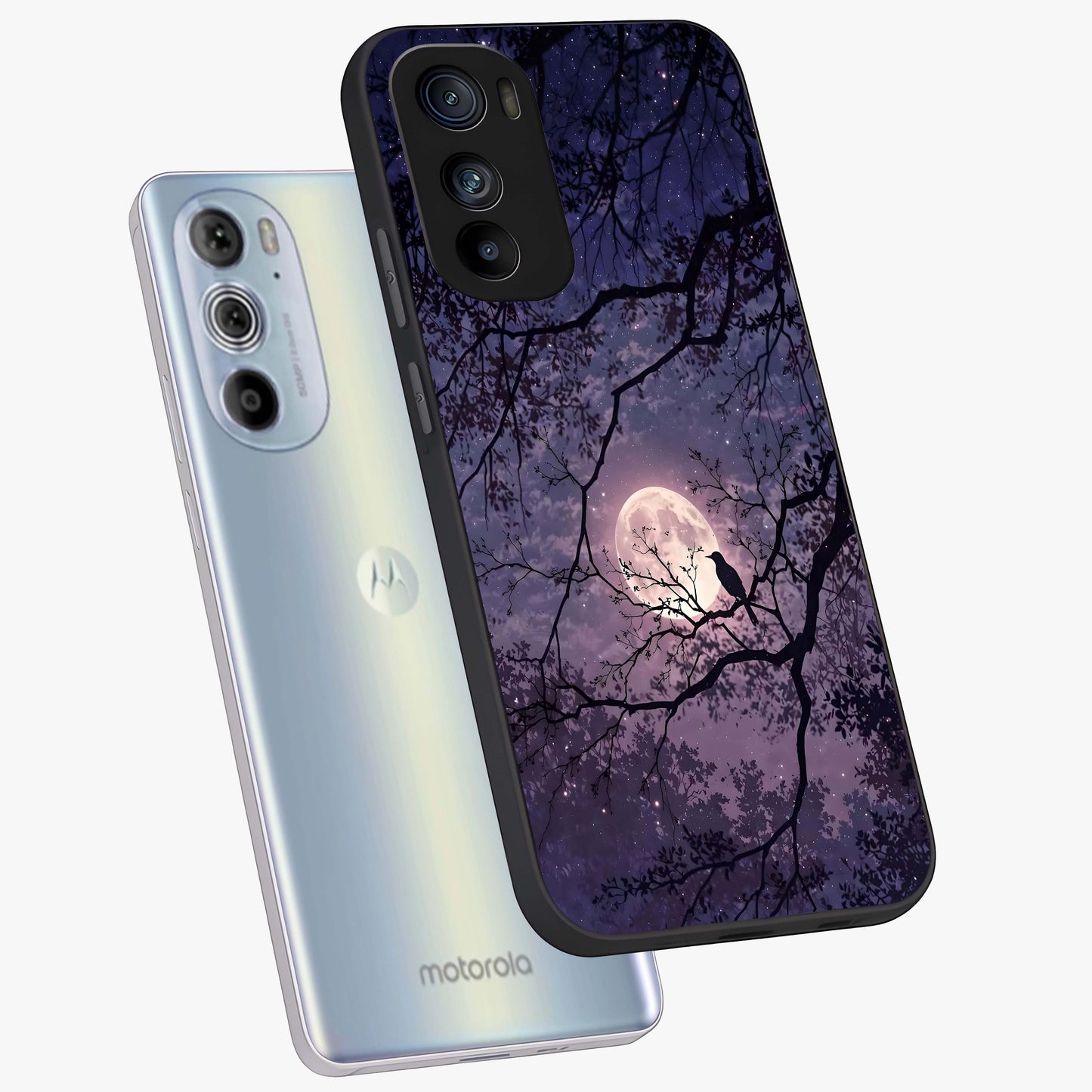 Whispering Moon Silence Glass Case displayed in angled mockup highlighting calm lunar design with dreamy night aesthetic.