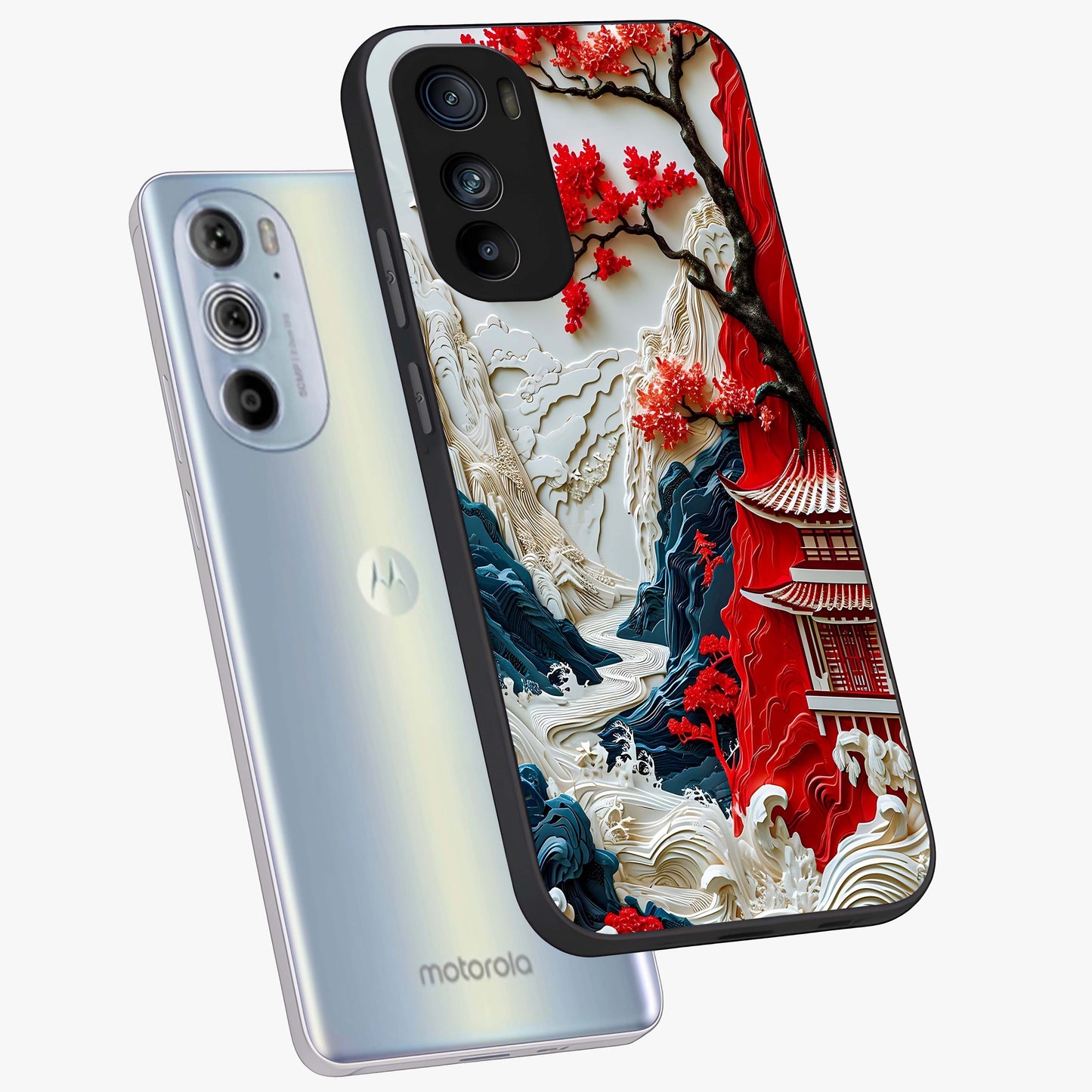 Whispers Of Sakura Waves Glass Case displayed in angled mockup highlighting flowing sakura design with soft floral aesthetic.