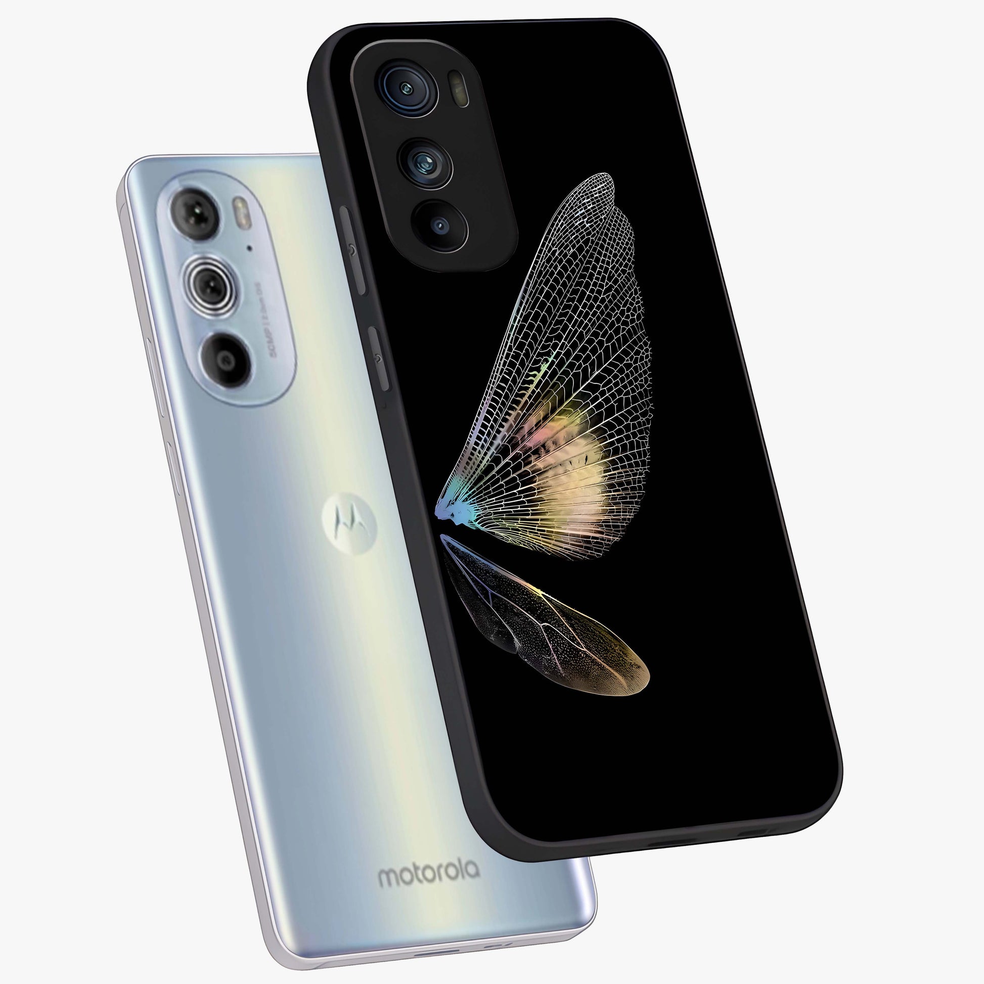 Whispers Of Wings Glass Case displayed in angled mockup highlighting soft feather design with celestial aesthetic style.