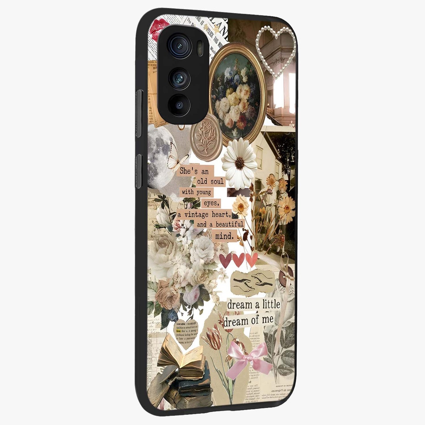 Aesthetic Brown Vintage Collage Glass Case upright view showcasing nostalgic retro artwork with stylish vintage theme.