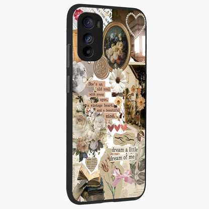 Aesthetic Brown Vintage Collage Glass Case upright view showcasing nostalgic retro artwork with stylish vintage theme.