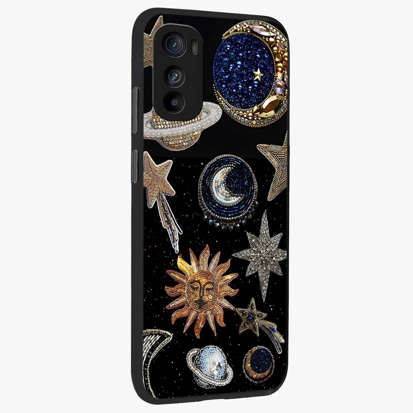 Celestial Gem Constellations Glass Case upright view showcasing cosmic constellation artwork with celestial aesthetic style.