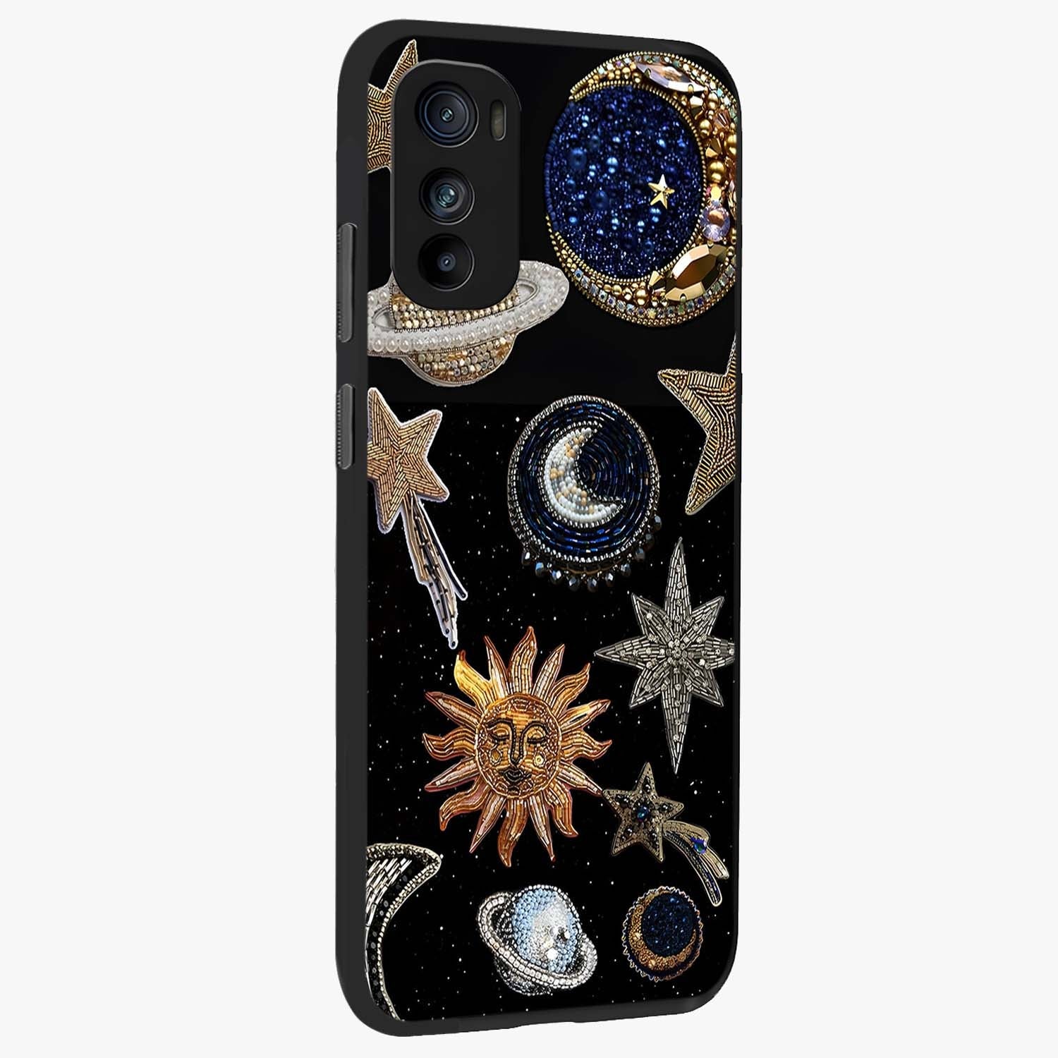 Celestial Gem Constellations Glass Case upright view showcasing cosmic constellation artwork with celestial aesthetic style.