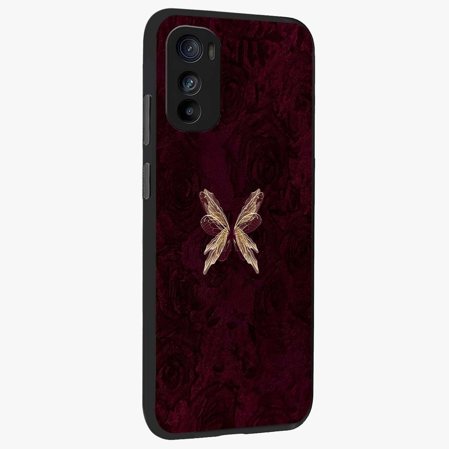 Crimson Fade Butterfly Glass Case upright view showcasing graceful butterfly artwork with soft crimson fade effect.