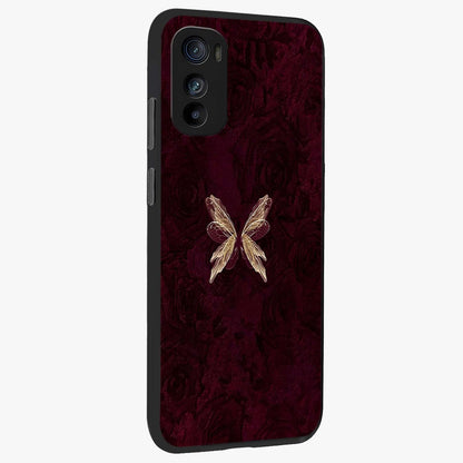 Crimson Fade Butterfly Glass Case upright view showcasing graceful butterfly artwork with soft crimson fade effect.