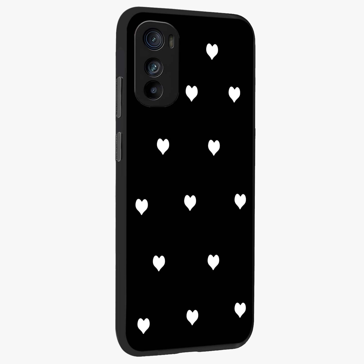 Cute And Simple White Hearts Glass Case upright view showcasing simple white hearts artwork with soft minimal theme.