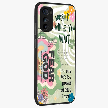 Faith Over Fear Glass Case upright view showcasing bold typography artwork with uplifting motivational theme.