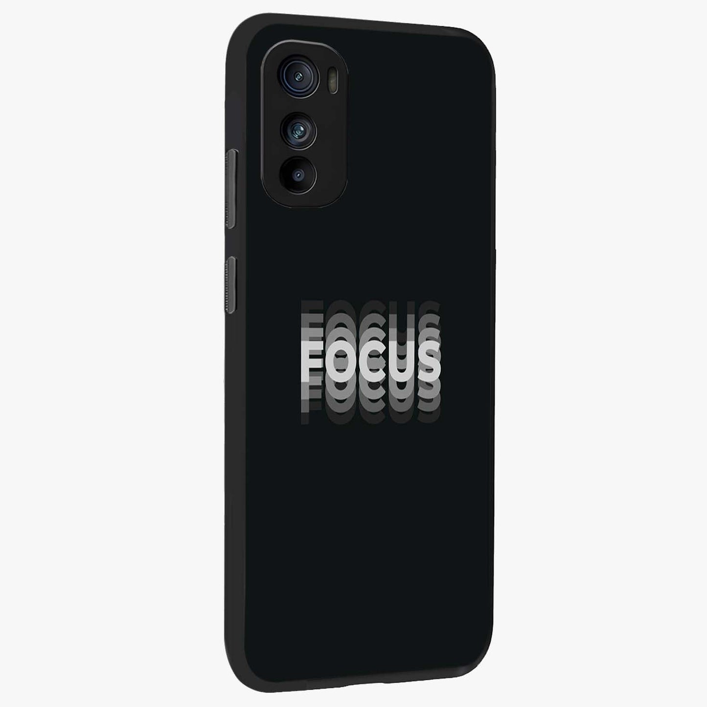 Focus Mode On Glass Case upright view showcasing strong typography statement with sleek motivational theme.