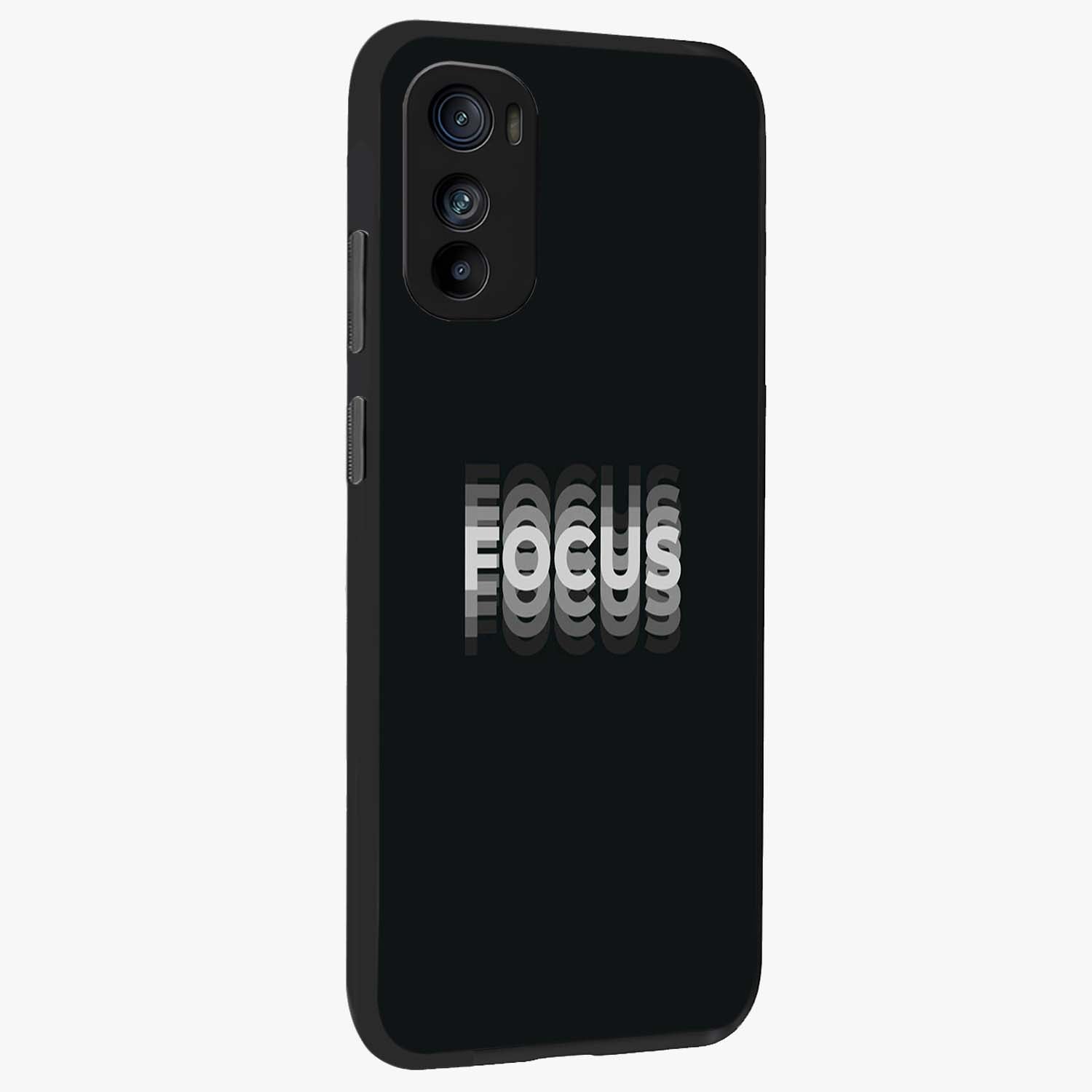 Focus Mode On Glass Case upright view showcasing strong typography statement with sleek motivational theme.