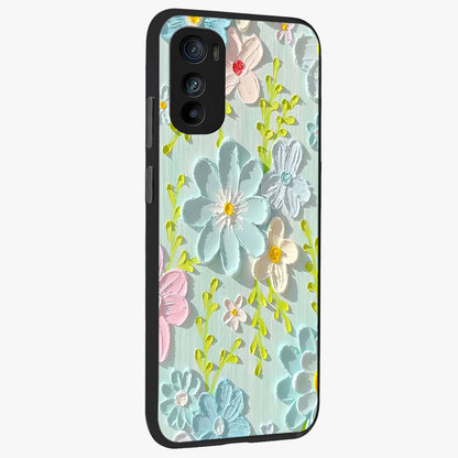 Frosted Petal Garden Glass Case upright view showcasing elegant floral garden artwork with soothing pastel theme.