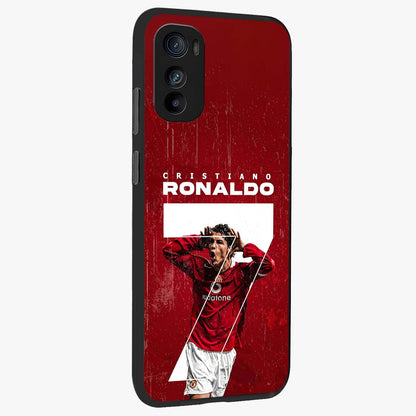 Goal Celebration Legacy Glass Case upright view showcasing dynamic football inspired artwork with victory celebration aesthetic.