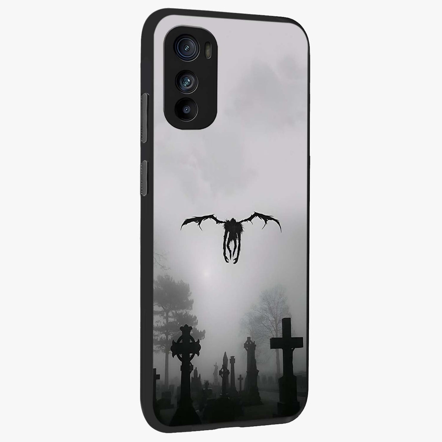 Graveyard Shadow Descent Glass Case upright view showcasing haunting graveyard artwork with dramatic dark theme.