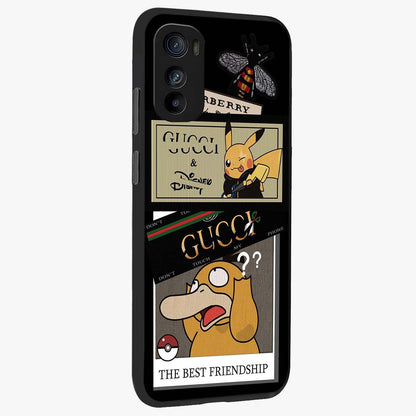 Gucci Play Mashup Glass Case upright view showcasing trendy luxury inspired artwork with modern fashion theme.