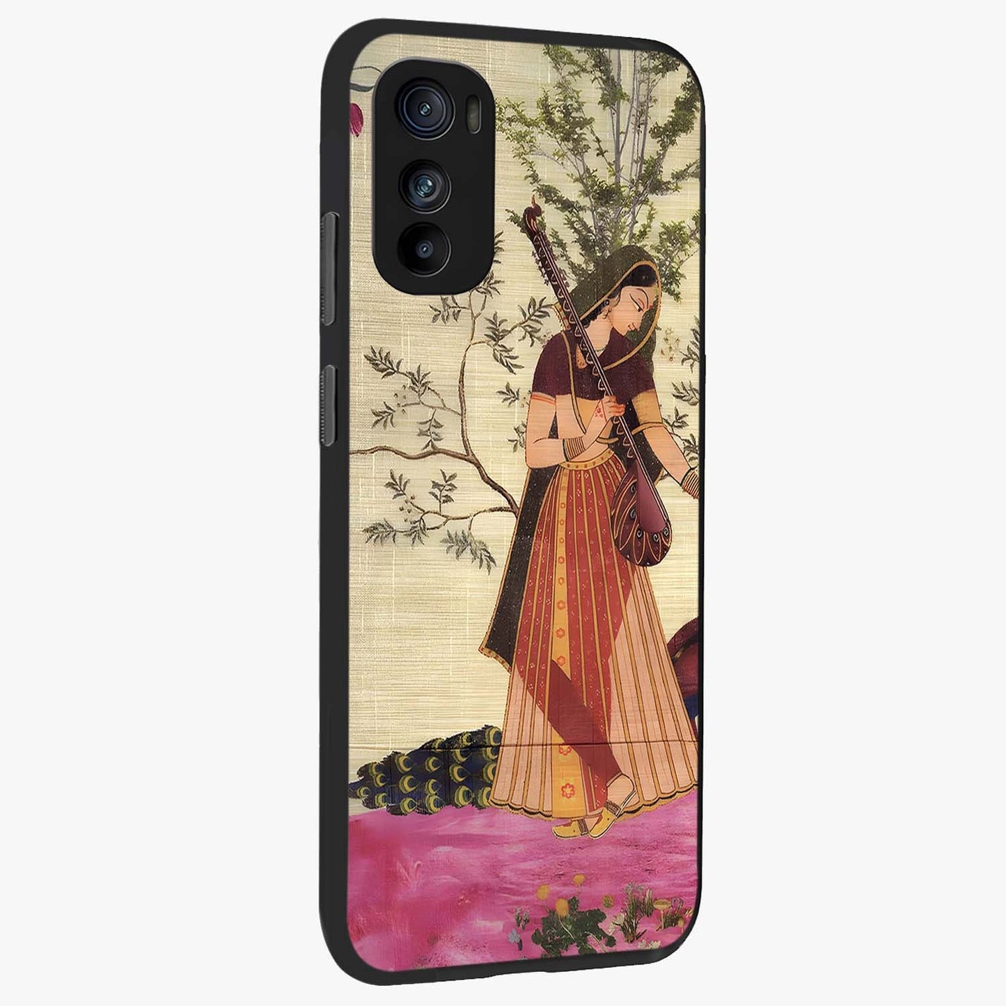 Lady With Veena Art Glass Case upright view showcasing classical veena artwork with traditional artistic theme.