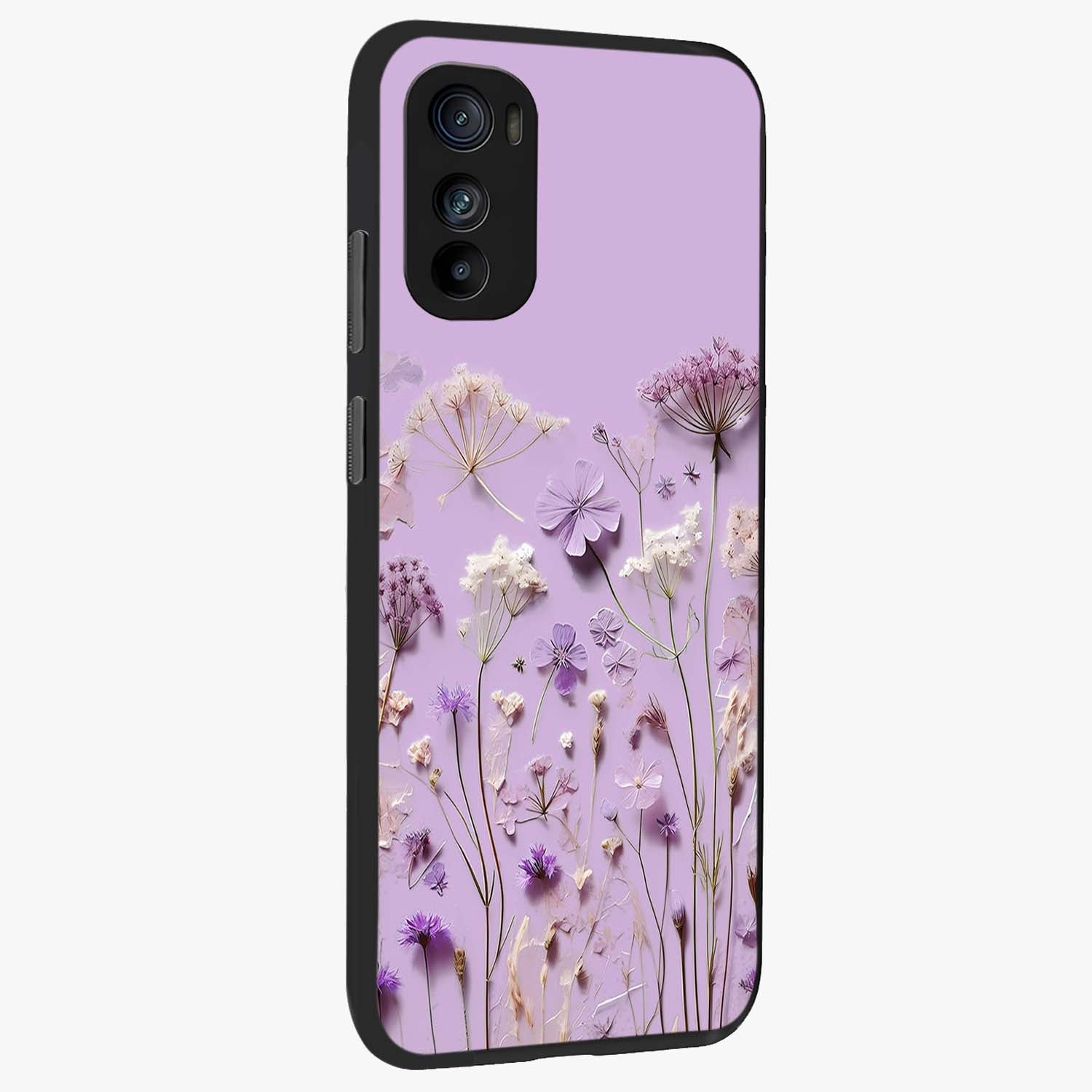 Lavender Blossom Dream Glass Case upright view showcasing delicate lavender blossom artwork with peaceful floral theme.