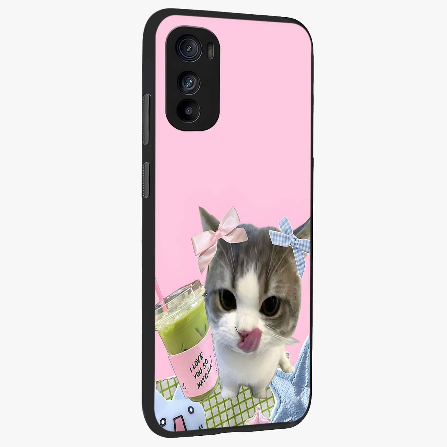 Love Matcha Cat Glass Case upright view showcasing adorable cat artwork with charming matcha themed design.