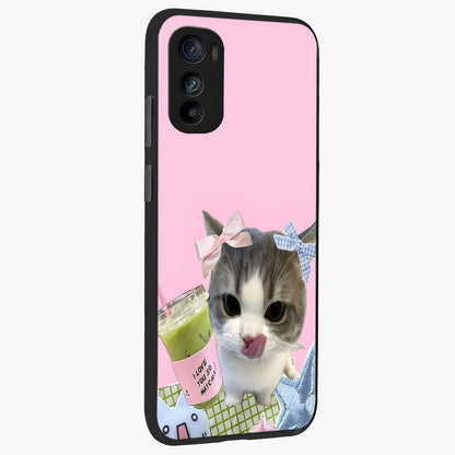 Love Matcha Cat Glass Case upright view showcasing adorable cat artwork with charming matcha themed design.