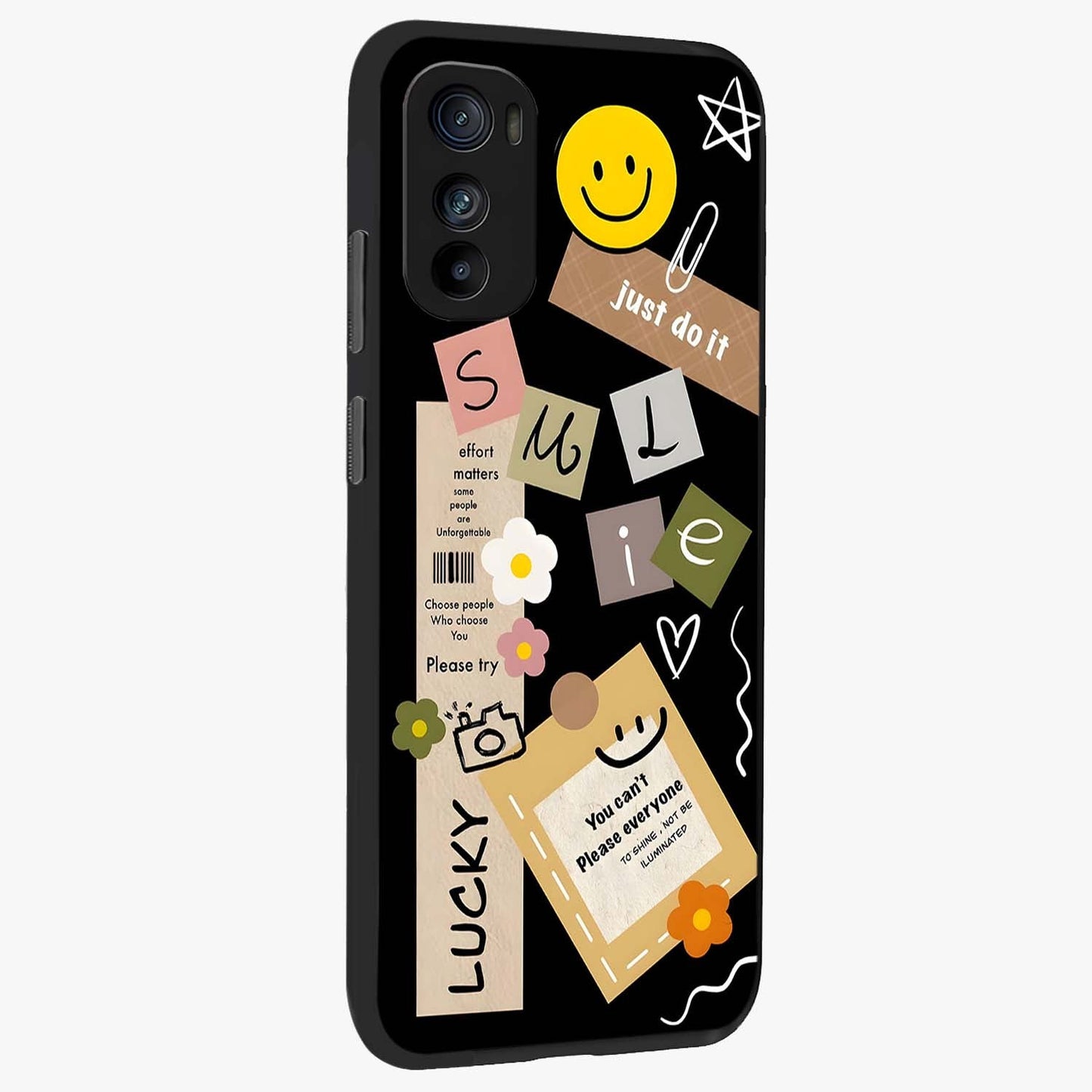 Lucky Aesthetic Collage Glass Case upright view showcasing vibrant collage artwork with youthful aesthetic theme.