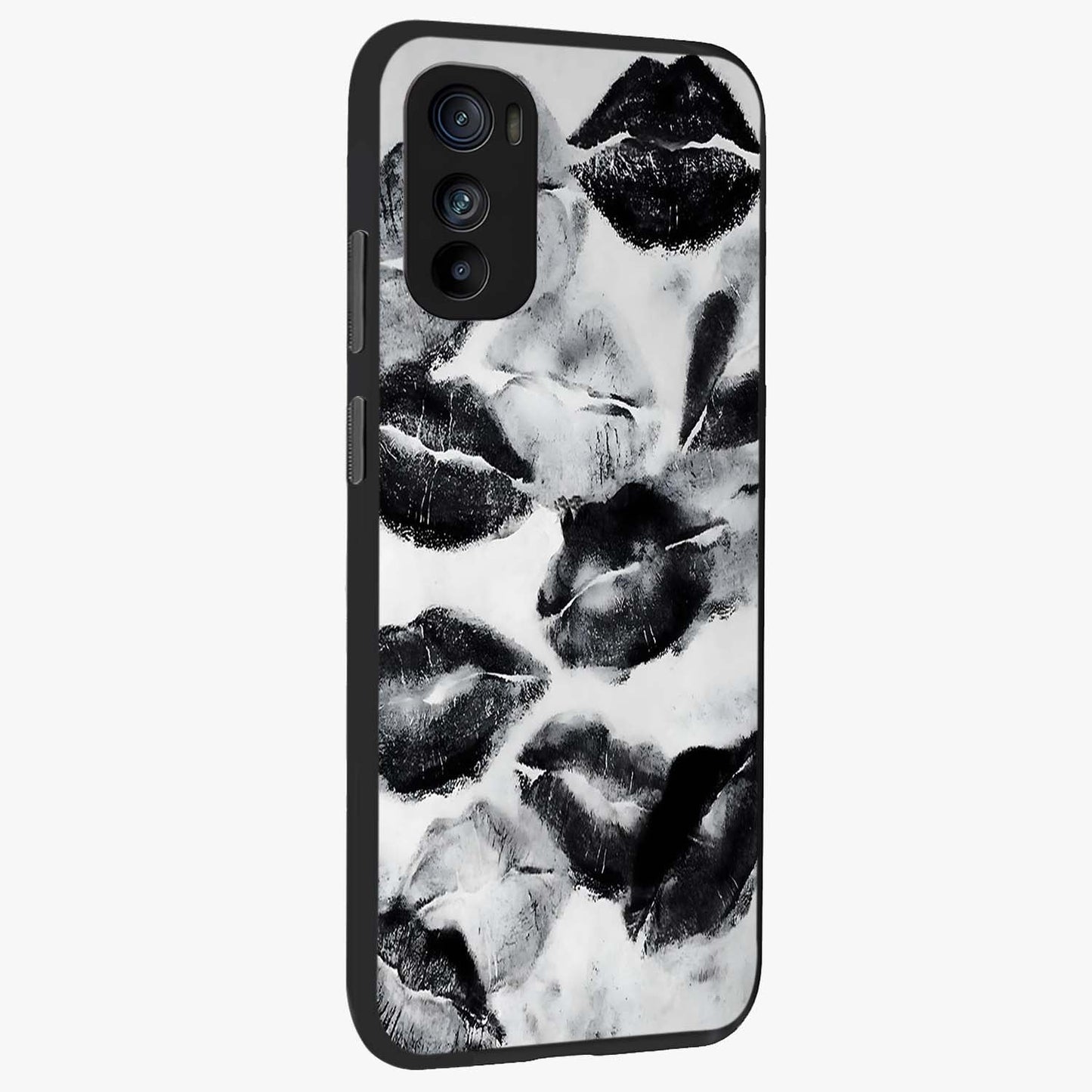 Midnight Kiss Marks Glass Case upright view showcasing stylish kiss mark artwork with trendy romantic theme.