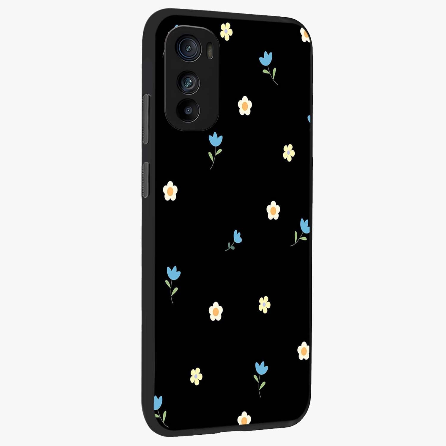 Minimal Petal Whispers Glass Case upright view showcasing elegant floral artwork with modern minimalist style.