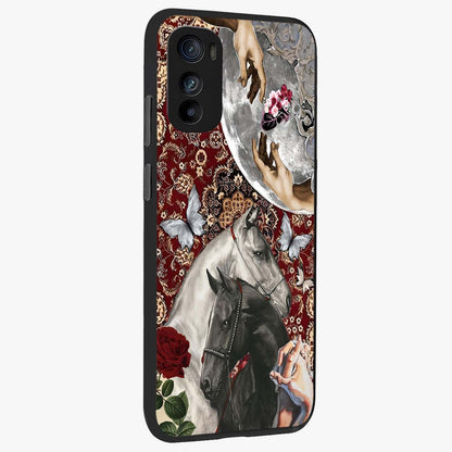 Moonlit Royal Stallion Glass Case upright view showcasing dramatic horse artwork with glowing moon themed design.
