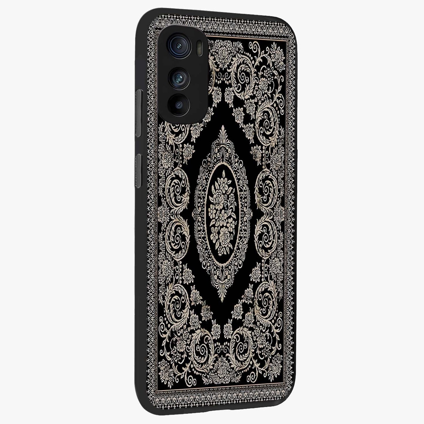 Noir Bloom Elegance Glass Case upright view showcasing graceful floral artwork with luxurious dark theme.