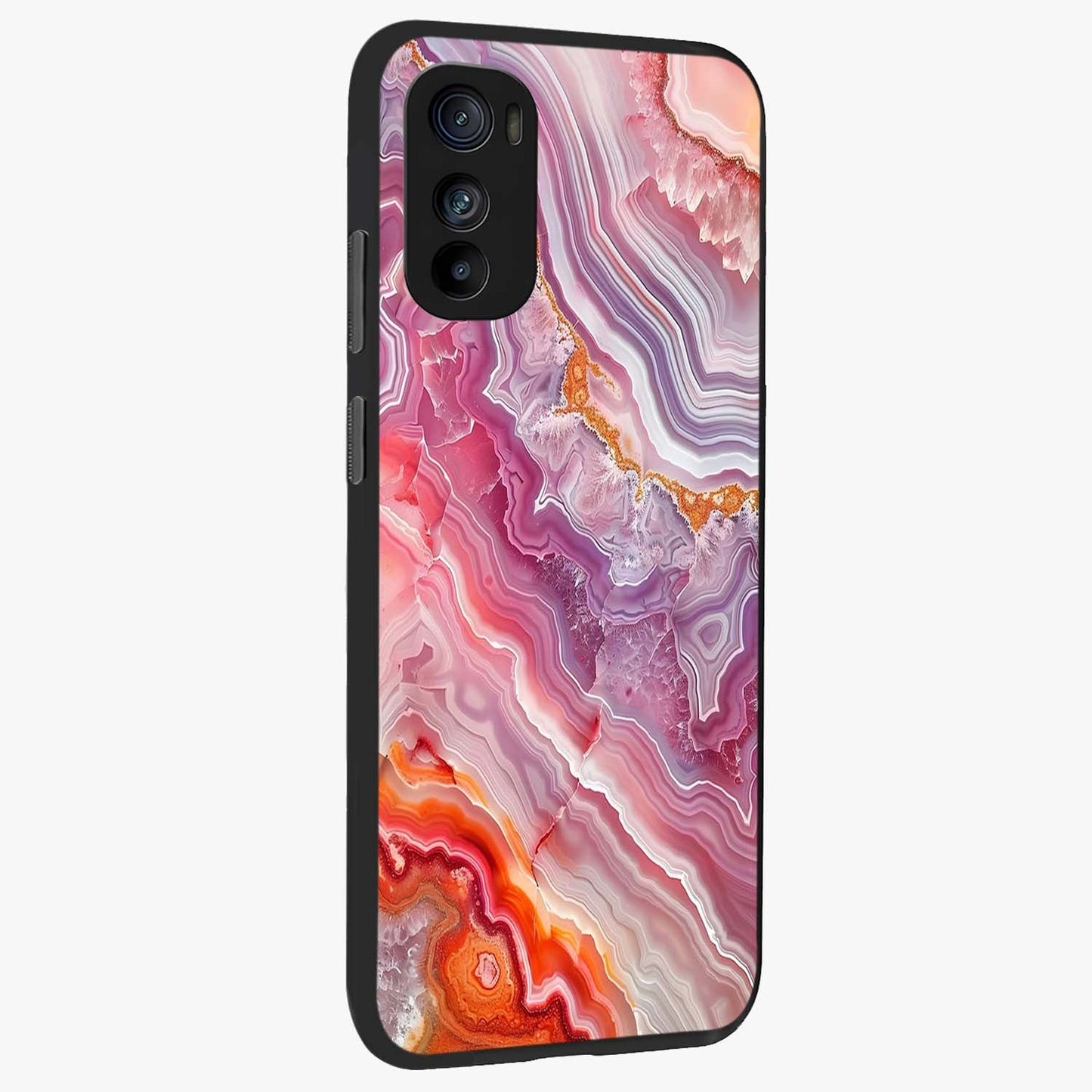 Rose Quartz Marble Glass Case upright view showcasing decorative marble artwork with luxurious pastel theme.