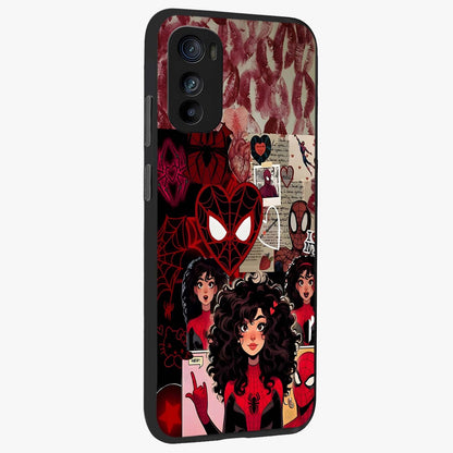 Spider Love Story Glass Case upright view showcasing charming superhero artwork with romantic comic theme.