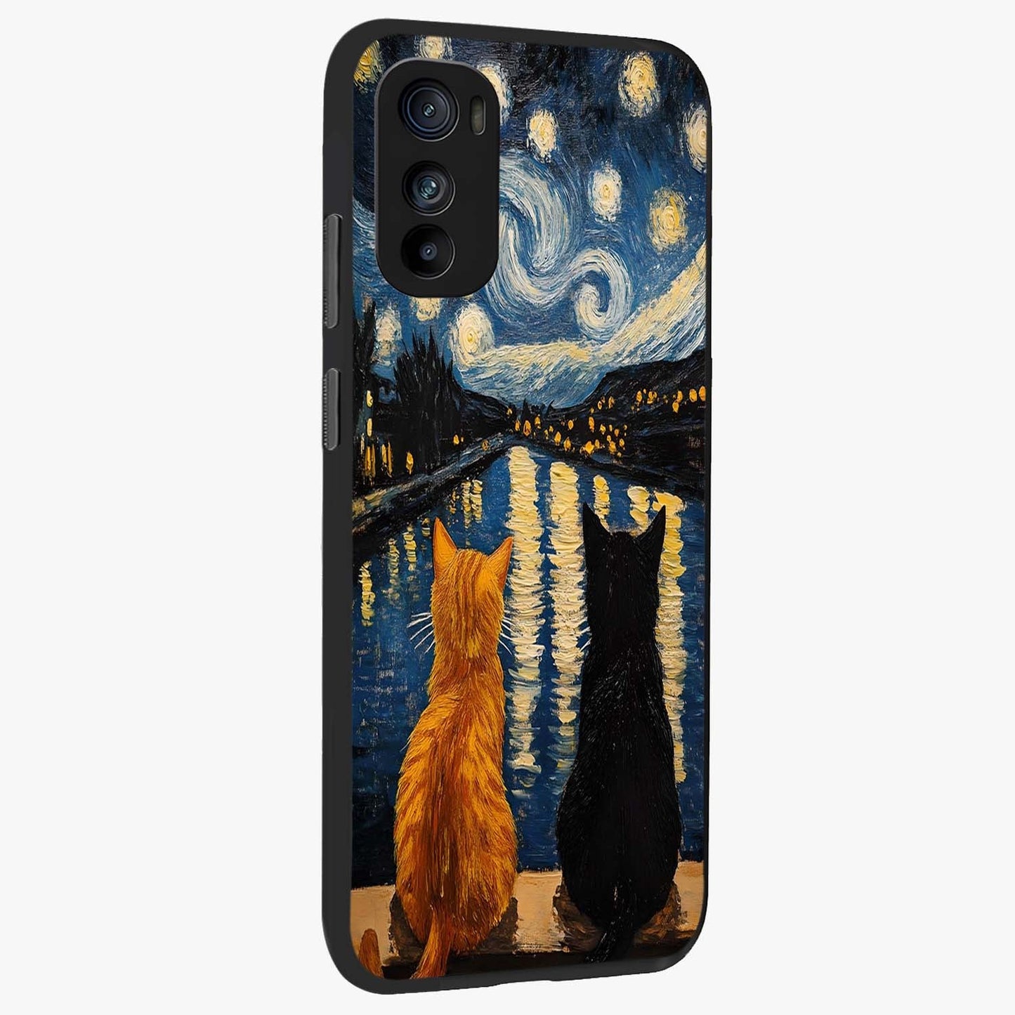 Starry River Cats Glass Case upright view showcasing adorable cat artwork with magical river and stars theme.