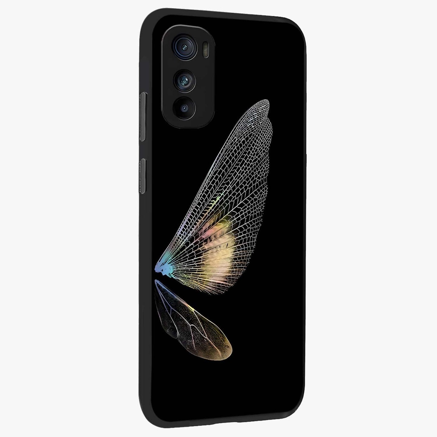 Whispers Of Wings Glass Case upright view showcasing elegant wing artwork with light airy theme.