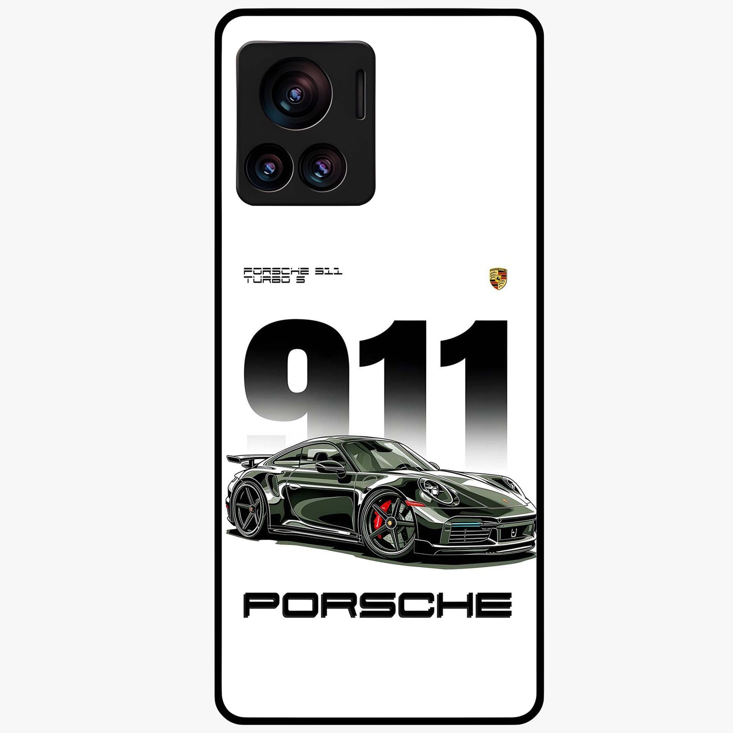 911 Turbo Dominance Glass Case showing clean flat back view with bold 911 sports car artwork and glossy glass finish.