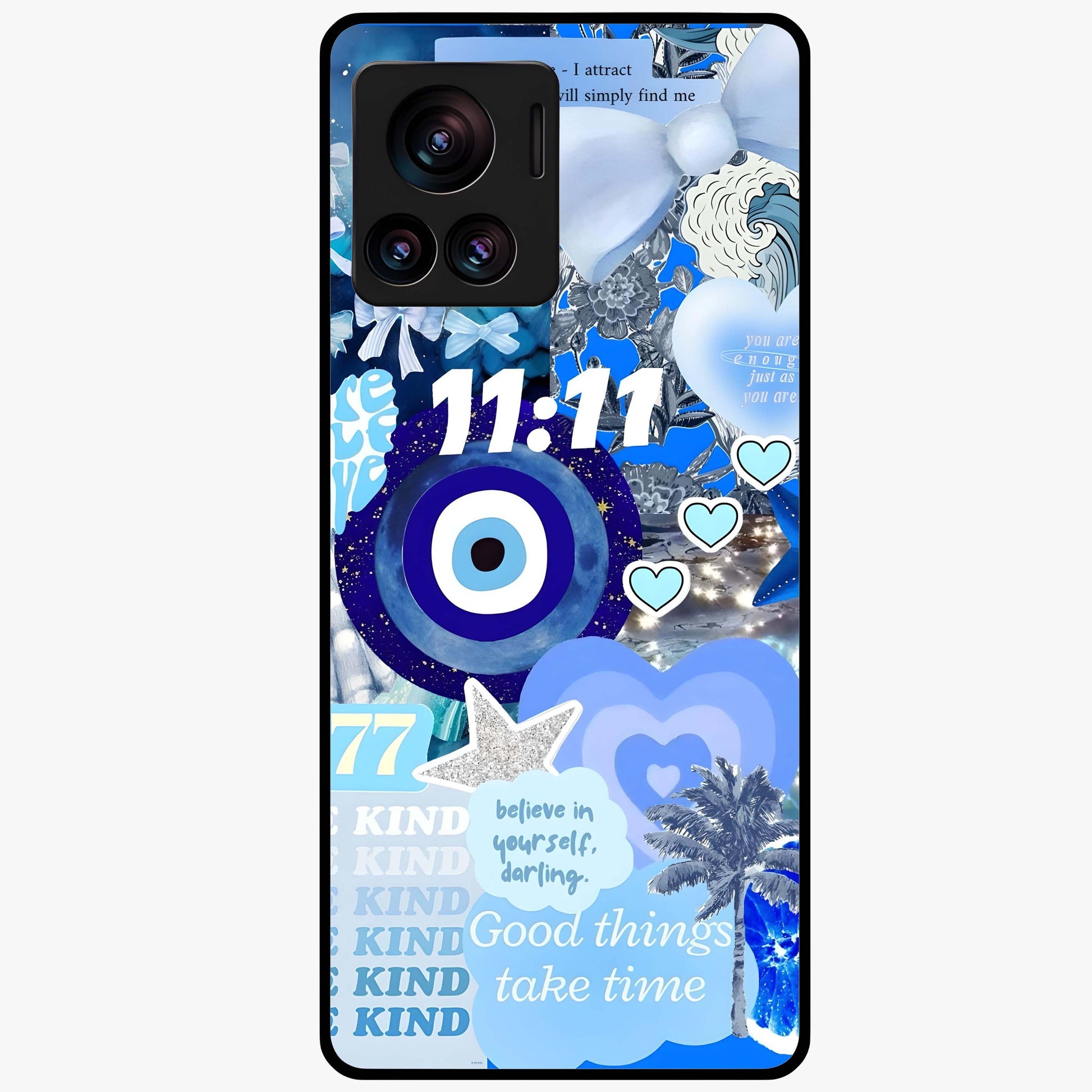 Aesthetic Be Kind Eye Glass Case showing flat back view with motivational eye artwork and glossy glass finish.