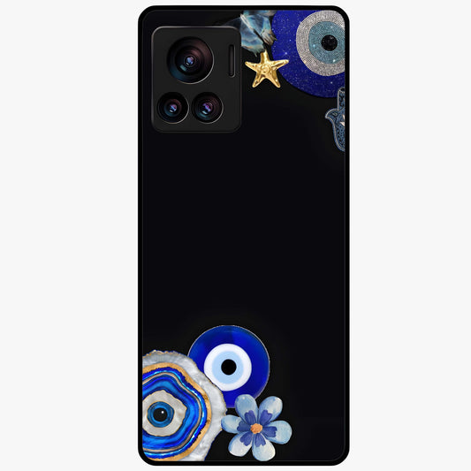 Aesthetic Blue Evil Eye Glass Case showing flat back view with protective evil eye artwork and glossy glass finish.