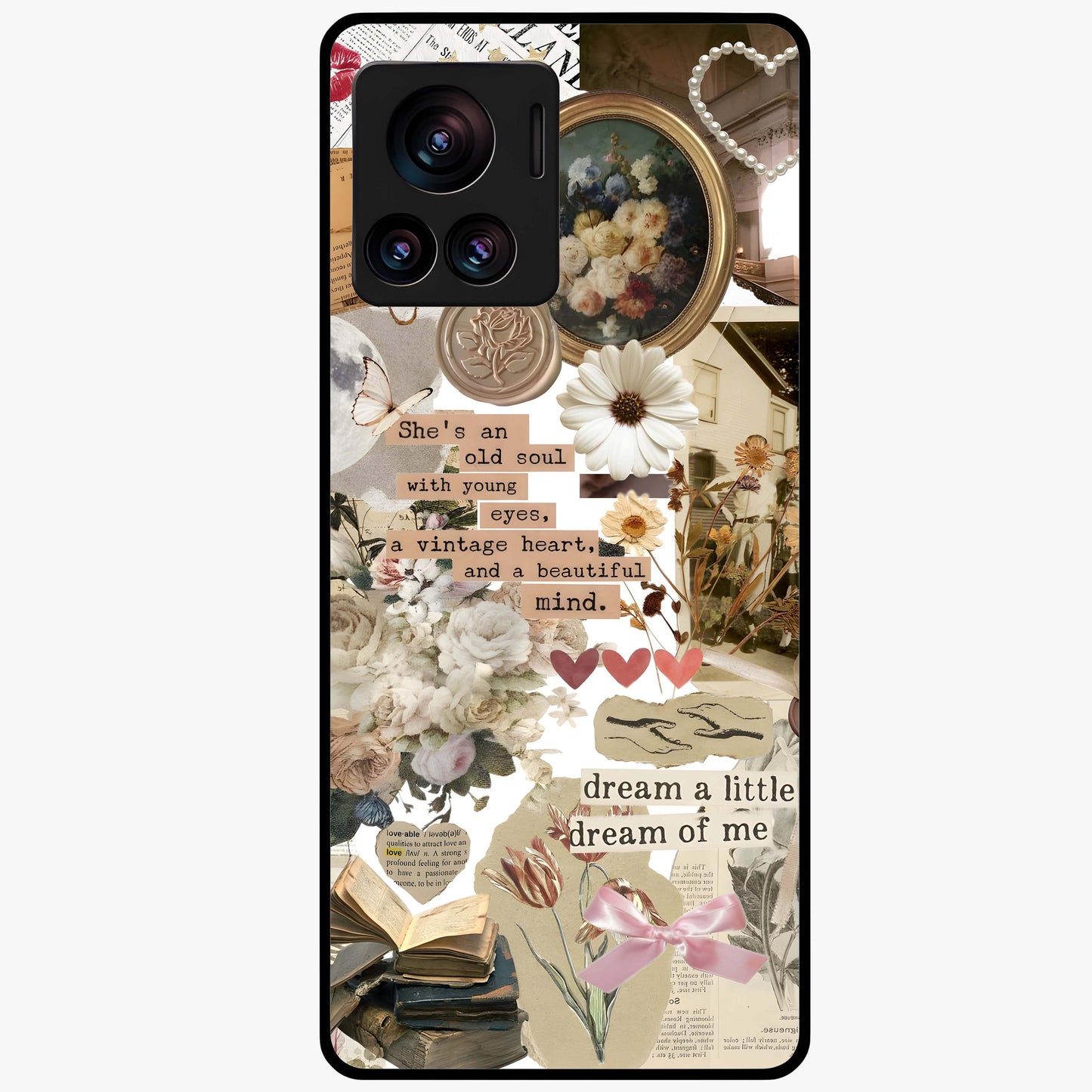 Aesthetic Brown Vintage Collage Glass Case showing flat back view with retro collage artwork and glossy glass finish.
