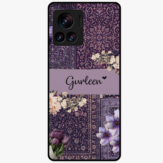 Antique Floral Whisper Custom Name Glass Case showing flat back view with vintage floral artwork and personalized name design.