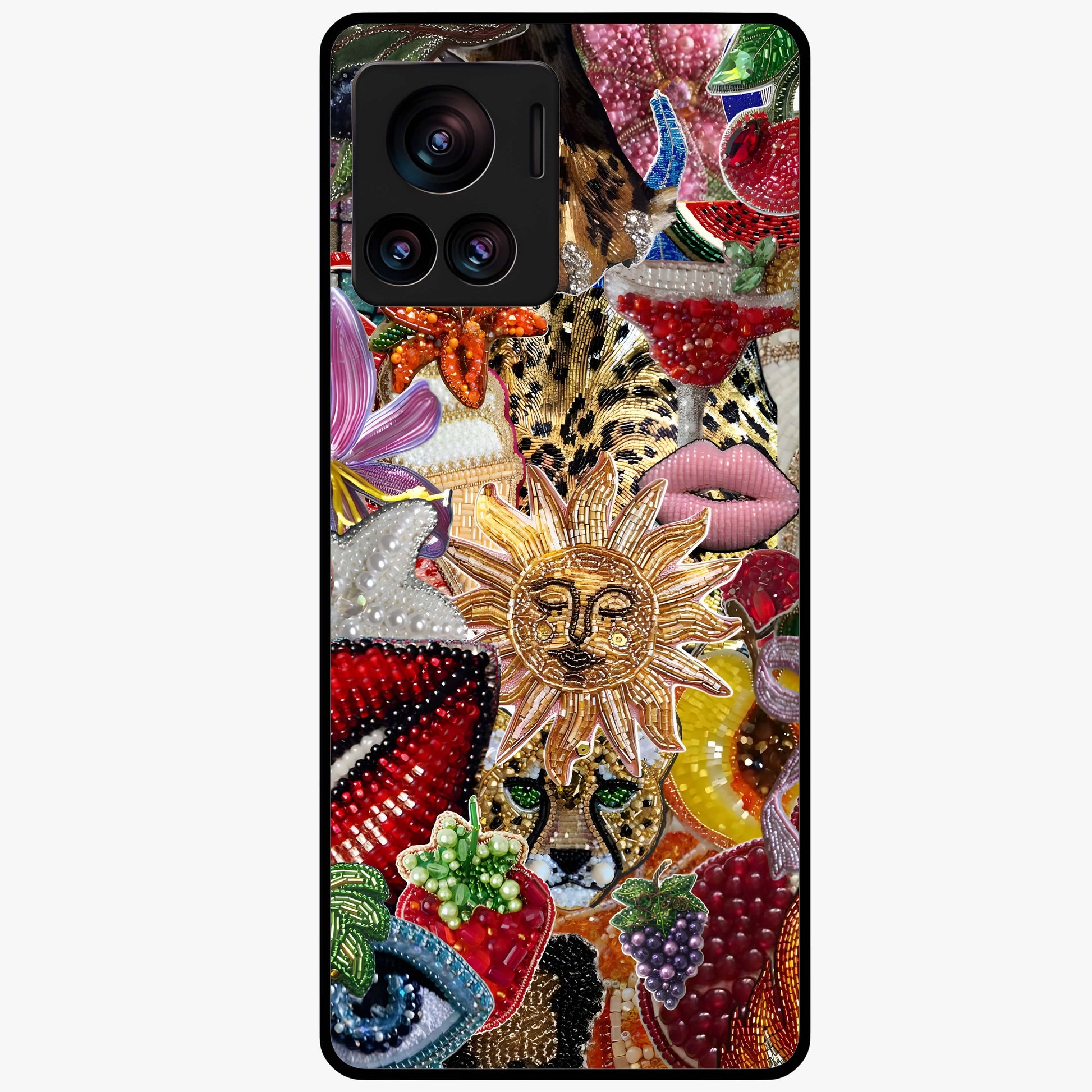 Beaded Fashion Jungle Glass Case showing flat back view with vibrant jungle inspired bead artwork and glossy glass finish.