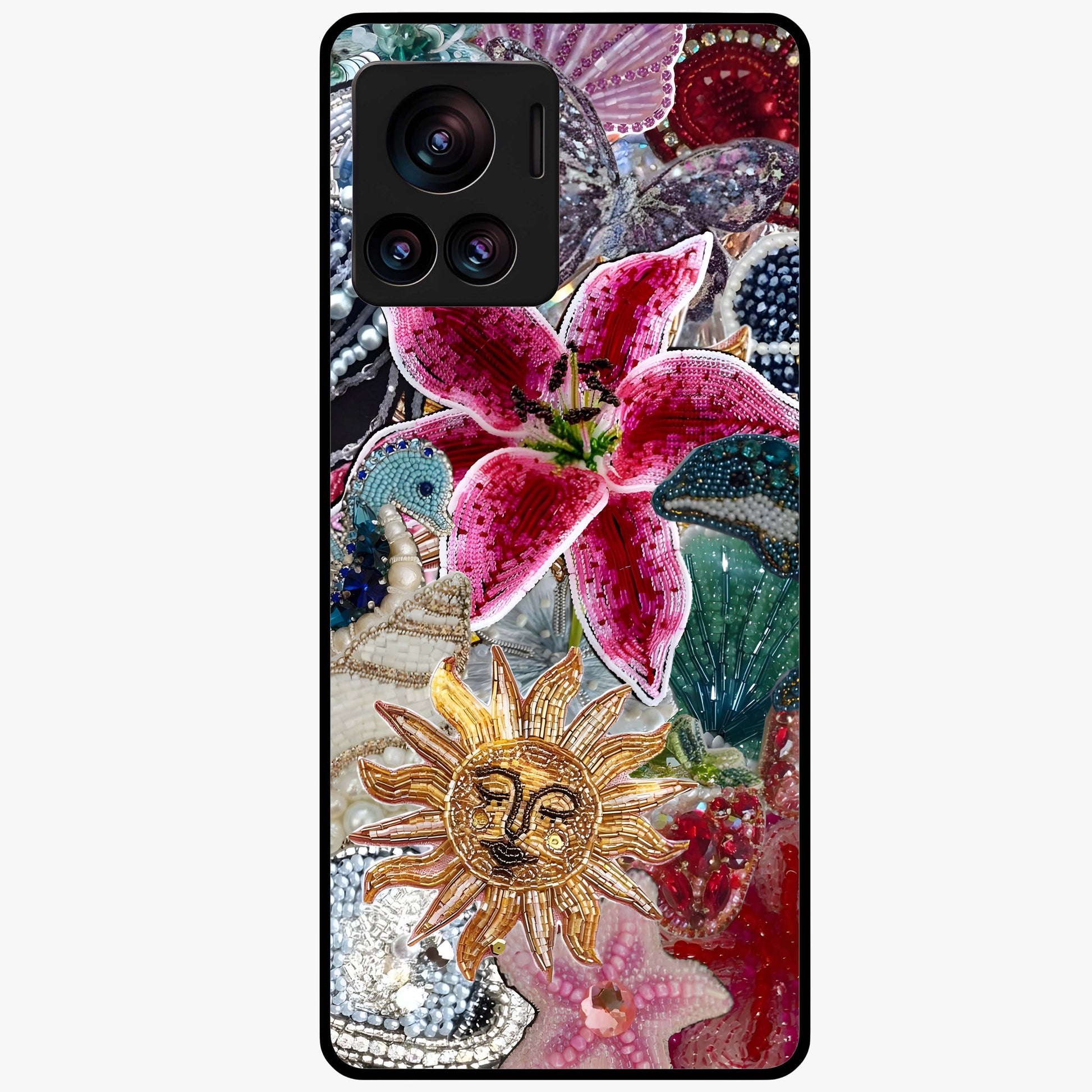 Beaded Garden Fantasy Glass Case showing flat back view with dreamy garden bead artwork and glossy glass finish.