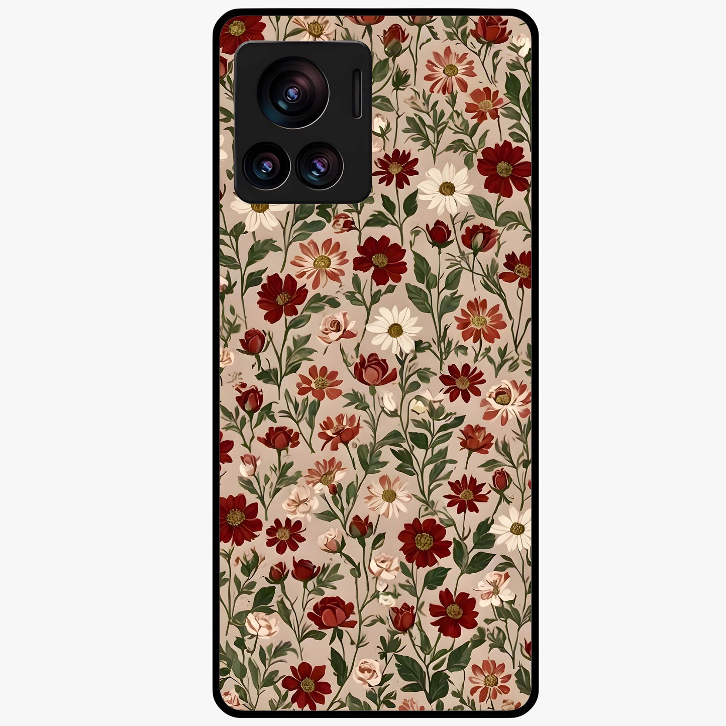 Biege Flower With Leaf Glass Case showing flat back view with soft beige floral artwork and glossy glass finish.